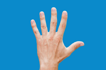 Open hand isolated. Five fingers male hand. Spread fingers palm. Stop symbol. Do not sign.