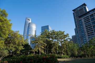 Fototapeta na wymiar Skyscrapers and park plants