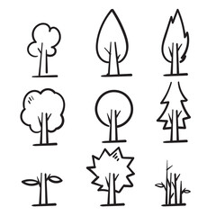 hand drawn tree icon collection illustration in doodle style vector isolated