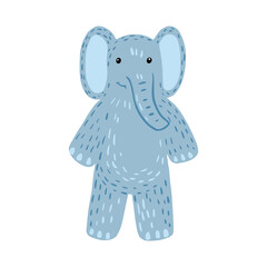 Elephant standing isolated on white background. Funny cartoon character color blue in doodle style.