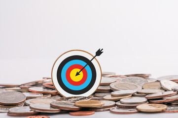 The goal of 2021 characterizes the increase in money. A pile of coins placed on a white background....