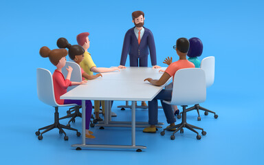 Business people having casual discussion during meeting,Business meeting concept, 3d rendering,. Cartoon characters.