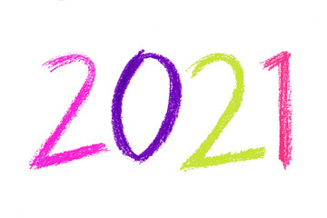 2021 text hand writing crayon oil pastel isolated on white background, Happy new year 