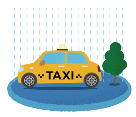 大雨の被害に遭う黄色いタクシーのベクターイラスト