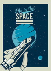 life in the space lettering with spaceship and venus planet in poster vintage style © Jemastock