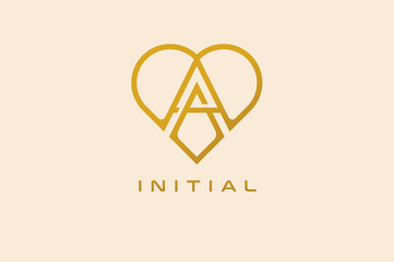 Abstract initials  A and A logo, gold colour line style heart and letter combination, usable for brand, card and invitation, logo design template element,vector illustration