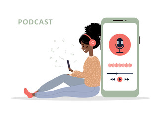 Young smiling african woman in headset listening to music and recording audio podcast. Logo, application, user interface. Vintage vector illustration in flat cartoon style.