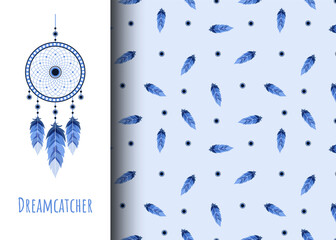 Dream catcher with Fatima eye. Seamless pattern with blue feathers. Hand drawn indian talisman. Ethnic bohemian design element. Vector illustration in flat boho style.