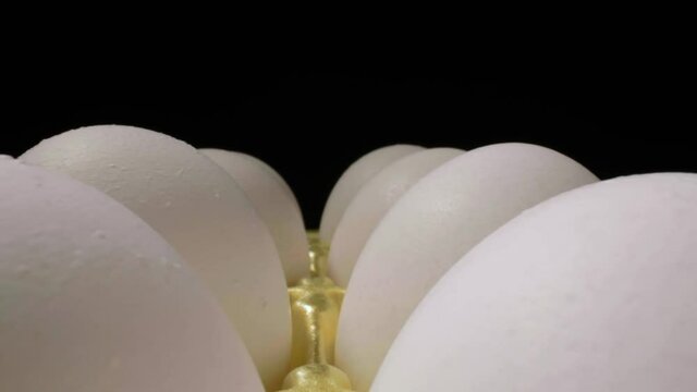 Dozen Eggs in Carton Extreme Close-up Macro Dolly Pull Out Shot of Chicken Produce Farm Eggs From Grocery Store in Yellow Carton with Black Background