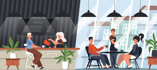 People in cozy cafe, Coffeehouse barista and coffee shop visitors,  cafe interior. Set of cute men and women walking, customers and waitress, friends meeting and talking over a cup of tea or coffee