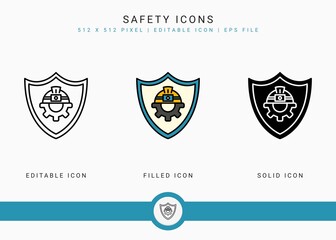 Safety icons set vector illustration with solid icon line style. Secure work accident concept. Editable stroke icon on isolated background for web design, user interface, and mobile application