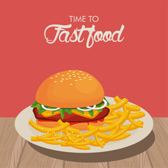 hamburger and french fries in dish delicious fast food