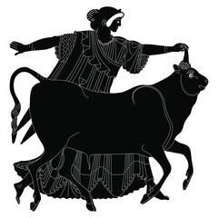 Europa with Zeus as bull. Ancient Greek mythology. Black and white silhouette. Vase painting style. © Olena