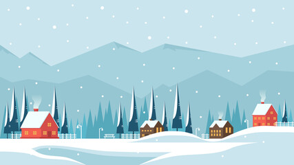 Winter landscape with village in the mountains and flat vector illustration of houses, perfect for winter and year-end holiday background concept