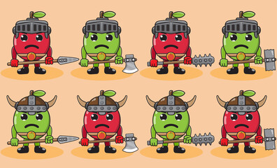 Illustration vector graphic cartoon character of cute Apple knight. Cute and funny fruit set. Two handed weapons and hand down pose set.