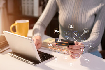 Businesswomen working with laptop and digital tablet computer in office with digital marketing media  in virtual icon.