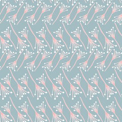 Blossoming subtle flowers seamless repeat pattern on blue print