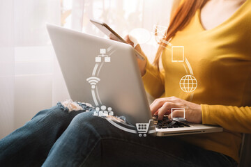 Business hand using smart phone, mobile p payments online shopping, omni channel, digital tablet.