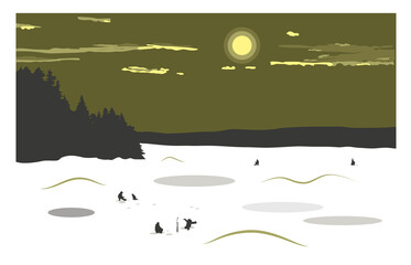 Fototapeta premium Winter landscape with a view of a frozen snow-covered lake. Fishermen catch fish on the lake. Winter fishing. Vector illustration.
