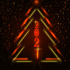 New year 2021 and Christmas. Vector illustration. Christmas tree made of neon lights with reflection, text and tinsel made of stars. For registration of holidays.