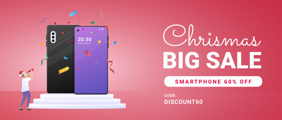 Christmas sale banner with smartphone illustration and tiny people