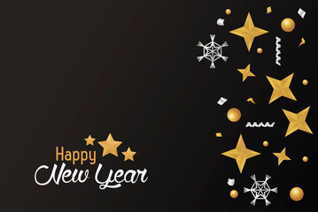 Fototapeta na wymiar happy new year card with golden stars and silver snowflakes