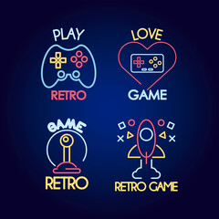 bundle of four video game neon style icons and letterings