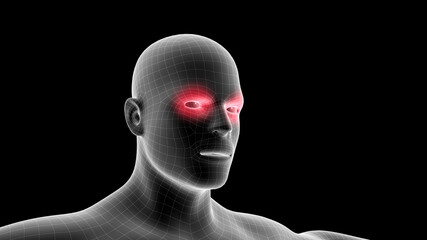 3d illustration of a men xray hologram showing pain area on the head area