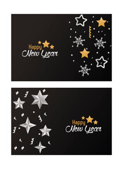 happy new year cards with silver stars and snowflakes