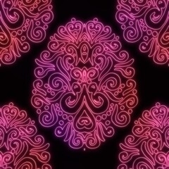 Neon light on black damask seamless repeat pattern. High quality illustration. Funky nightlife retro revival design. Futuristic dramatic glow lighting. 