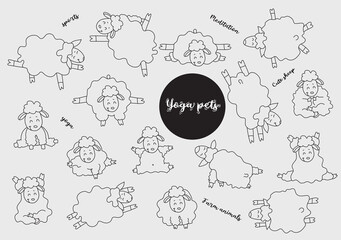 Yoga pets. Lovely sheep get up in an asana and go in for sports, gymnastics and meditation. Sheep yoga - set of linear pictures. Vector illustration. Isolated. Outline, Line, contour