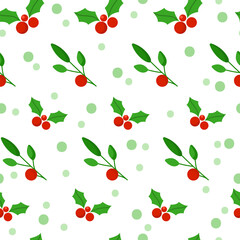 Christmas or New Year seamless pattern or digital paper - winter floral ornament with mistletoeand holly, festive green plant red berries, holiday endless background for wrapping, textile, scrapbook