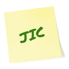 Just in case initialism JIC green marker written acronym text isolated yellow post-it to-do list sticky note reminder abbreviation sticker macro closeup, memo information message, newsletter bulletin 