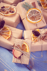 Vintage photo, Wrapped gifts with decoration for Christmas or other celebration