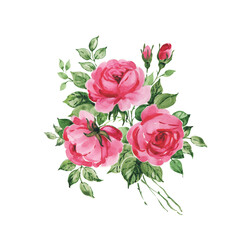  Abstract illustration of a beautiful bouquet of roses drawn by paints on paper with foliage