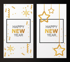 happy new year cards with golden stars hanging and confetti