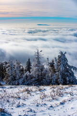 Snow landscape, Snowy mountains. Winter in the forest.