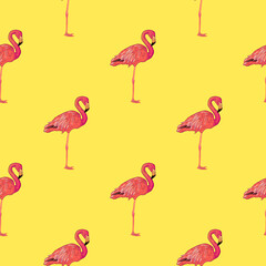 Seamless pattern with pink standing flamingos on yellow background, vector illustration