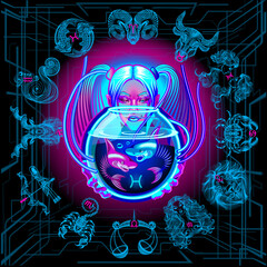 Zodiac circle of the girl of the future. Zodiac sign - Pisces. Neon illustrations on a black background.