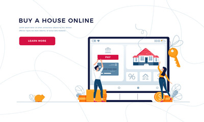 Buy a house online landing page template. Couple buying a new home, touching the button on monitor screen. Home-buying, property digital purchase concept for website. Flat cartoon vector illustration