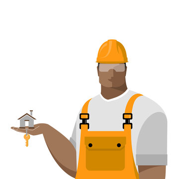 Builder in a hard hat and overalls holds a house with keys, a construction concept, purchases and sales of new housing, suburban real estate, construction and investment, real estate services. Vector