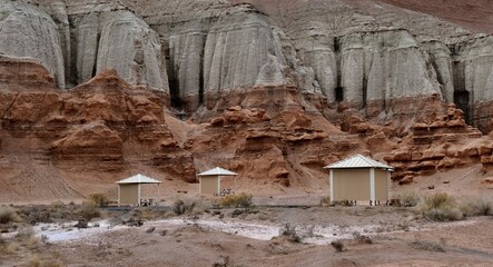 Picnick tables on campground in Goblin Valley State park. Moab. Utah. United States of America 