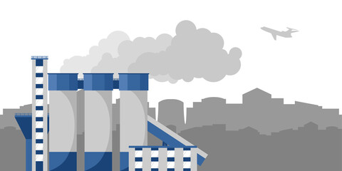 Factory with Smoking pipes of a processing plant, cement plant on the background of the city. Industrial concept, color vector illustration