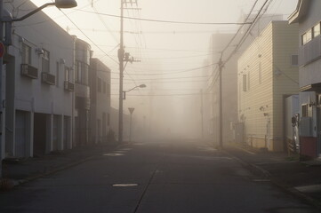 朝靄の旭川市街