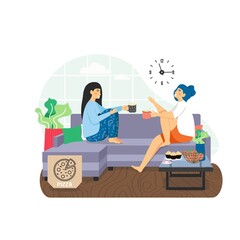 Two happy girls enjoying pizza and coffee sitting on sofa at home, flat vector illustration.