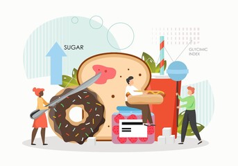 People eating sugar, bread, donut, lollypop, hot dog, flat vector illustration. Unhealthy high level of carbs foods.