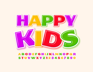 Vector bright emblem Happy Kids. Modern colorful Font. Creative Alphabet Letters and Numbers set