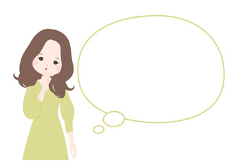 首を傾げて考えるポーズの若い女性とフキダシ【主線なし】