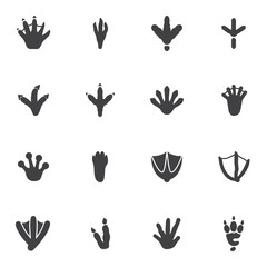 Bird and Animal paw print vector icons set, modern solid symbol collection, filled style pictogram pack. Signs, logo illustration. Set includes icons as crocodile paw print, crow, chicken, turkey