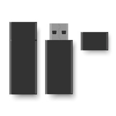 Realistic black usb flash drive mockup. Vector